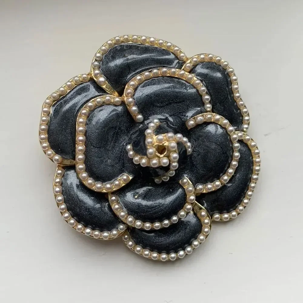 Black Camellia Flower Brooch, Faux Pearls & Gold Tone Lapel Pin